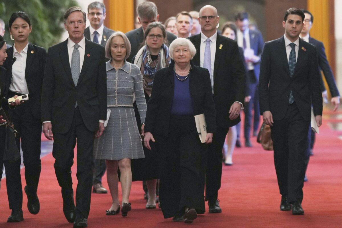 U.S. Treasury Secretary Janet Yellen (C) walks with U.S. Ambassador to China Nicholas Burns (2nd L) for a meeting with Chinese Premier Li Qiang in Beijing on April 7, 2024. (Tatan Syuflana/AFP via Getty Images)