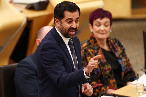 Scottish First Minister Humza Yousaf answers questions during First Minister's Questions at the Scottish Parliament in Edinburgh on March 28, 2024. (Jeff J. Mitchell/Getty Images)