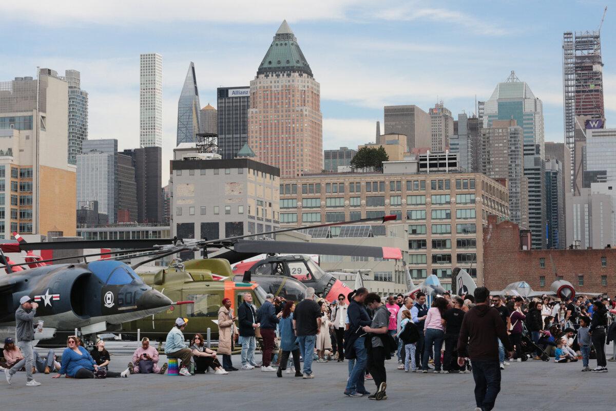 The Intrepid Museum on the Hudson River in New York on April 8, 2024. (Richard Moore/The Epoch Times)