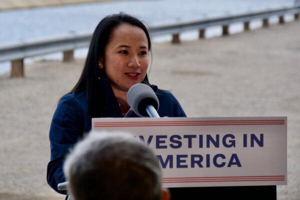 Camille Calimlim Touton, U.S. Bureau of Reclamation commissioner, speaks at a press conference at a pumping station on the Delta-Mendota Canal in Santa Nella, Calif., in the Central Valley on April 4, 2024. (Travis Gillmore/The Epoch Times)
