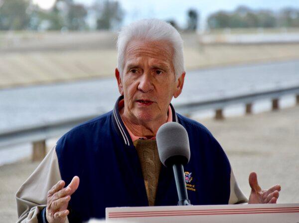 U.S. Rep. Jim Costa, D-Calif., speaks at a press conference at a pumping station on the Delta-Mendota Canal in Santa Nella, Calif., in the Central Valley on April 4, 2024. (Travis Gillmore/The Epoch Times)