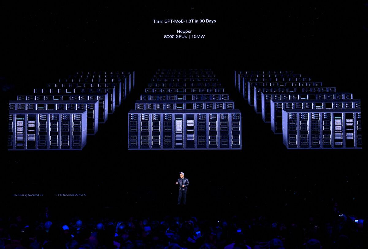 NVIDIA's founder and CEO Jensen Huang speaks during the annual Nvidia GTC Artificial Intelligence Conference at SAP Center in San Jose, Calif., on March 18, 2024. (Josh Edelson/AFP via Getty Images)