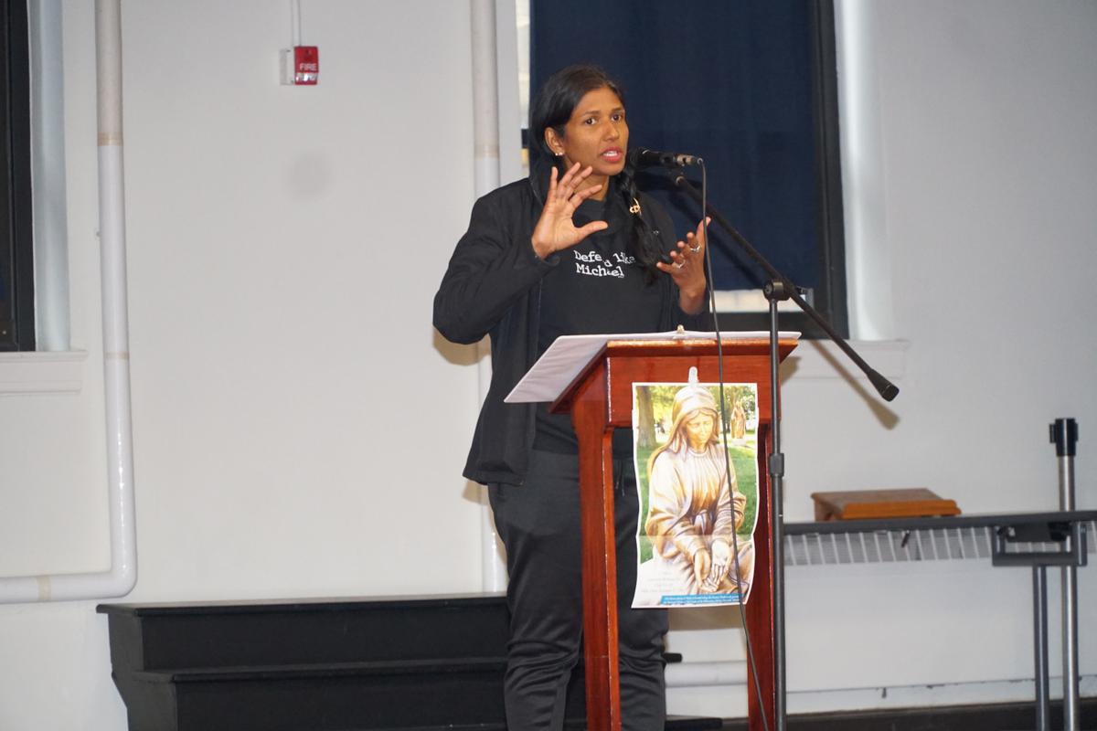 Monique Ruberu speaking at the 2024 Life Advocate Resource Conference at St Matthew Church Hall in Conshohocken, PA, on April 6, 2024. (Lily Sun/The Epoch Times)