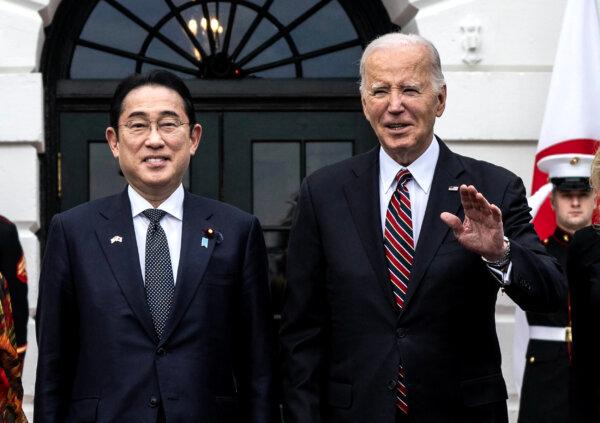 Japan's Prime Minister Fumio Kishida (L) and U.S. President Joe Biden (R) at the South Portico of the White House, on April 9, 2024. (Andrew Caballero-Reynolds/AFP via Getty Images)