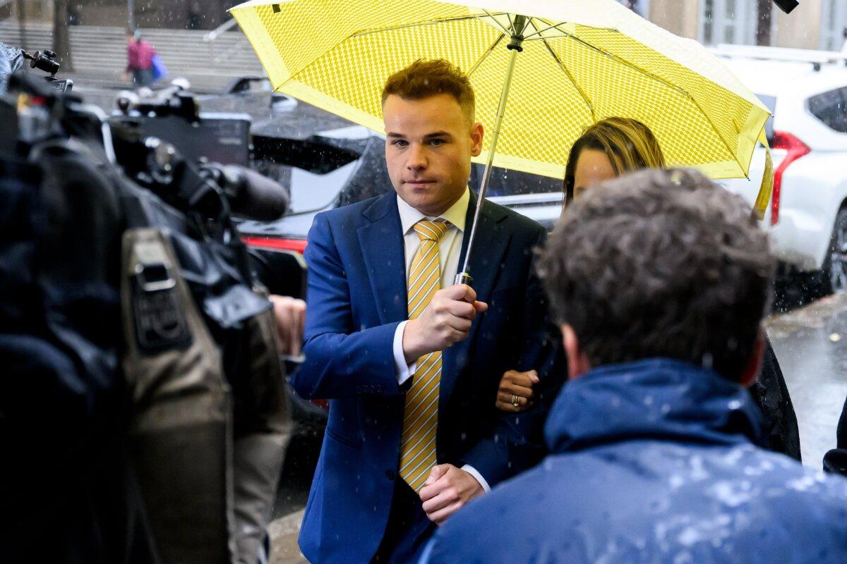 Former Seven network Spotlight producer Taylor Auerbach departs the Federal Court of Australia in Sydney, on April 5, 2024. (AAP Image/Bianca De Marchi)