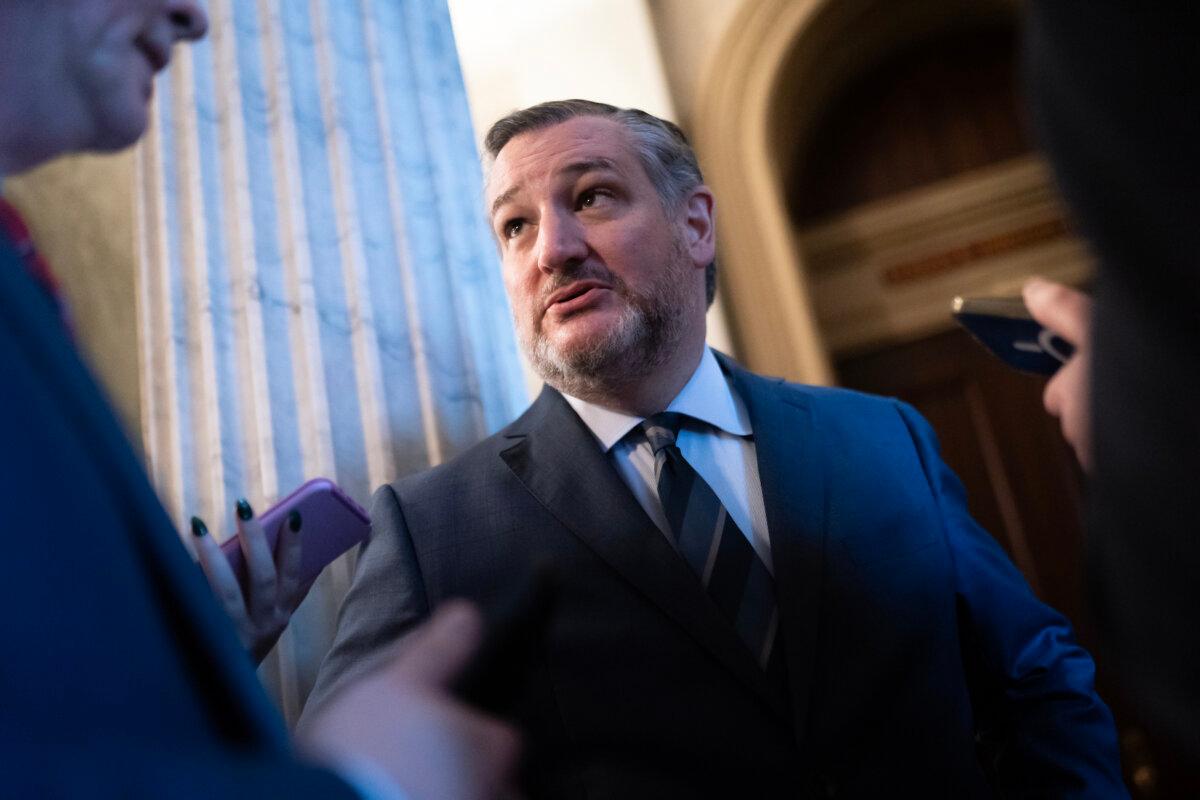 Sen. Ted Cruz (R-Texas) talks with members of the media in Washington on March 22, 2024. (Nathan Howard/Getty Images)