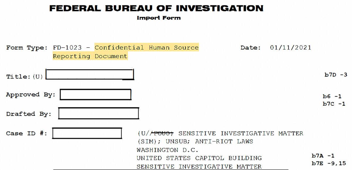 Graphic videos of the fatal shooting of Ashli Babbitt might have come from an FBI informant, based on this document included in a newly released tranche of FBI files. (FBI/Screenshot via The Epoch Times)