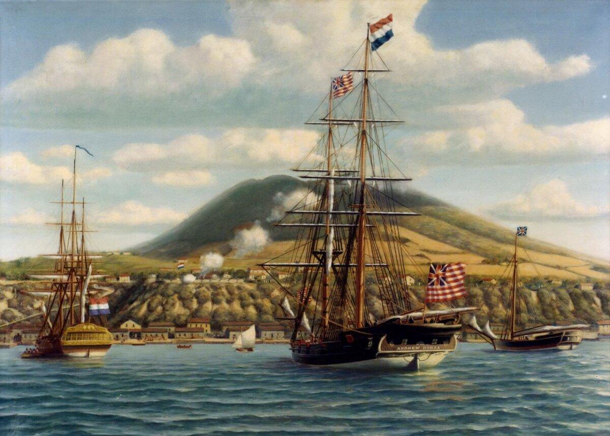 "First Foreign Salute to the American Flag" by Phillips Melville. Continental Brig Andrew Doria receives a salute from the Dutch fort at St. Eustatius, West Indies on Nov. 16, 1776. (Public Domain)