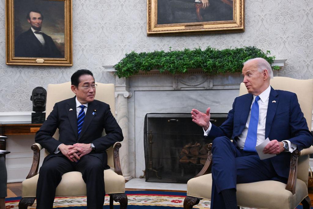 US President Joe Biden meets with Japanese Prime Minister Fumio Kishida in the Oval Office of the White House in Washington, DC, on April 10, 2024. (Andrew Caballero-Reynolds/AFP via Getty Images)