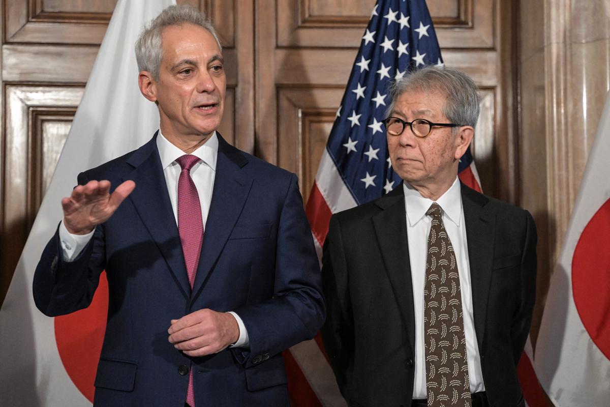 US Ambassador to Japan Rahm Emanuel (L) speaks as Japanese architect Riken Yamamoto (R) looks on at the start of a media briefing at the US ambassador's residence in Tokyo on March 7, 2024, after the latter was awarded the Pritzker Architecture Prize on March 5. (Richard A. Brooks / AFP via Getty Images)