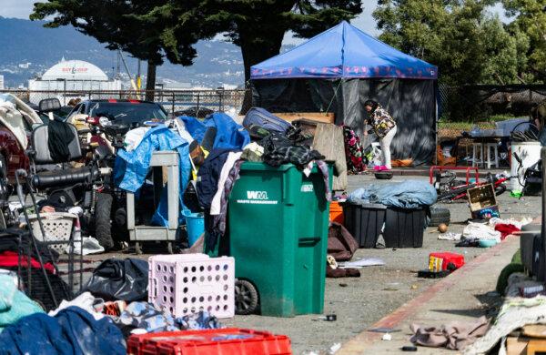 A homeless encampment in Oakland, Calif., on March 25, 2024. (John Fredricks/The Epoch Times)