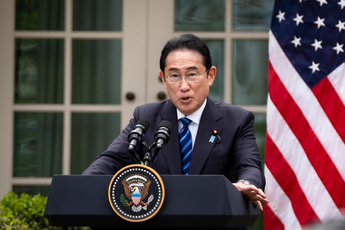 The Prime Minister of Japan, Fumio Kishida, speaks during a joint press conference with President Joe Biden at the Rose Garden of the White House in Washington on April 10, 2024. (Madalina Vasiliu/The Epoch Times)
