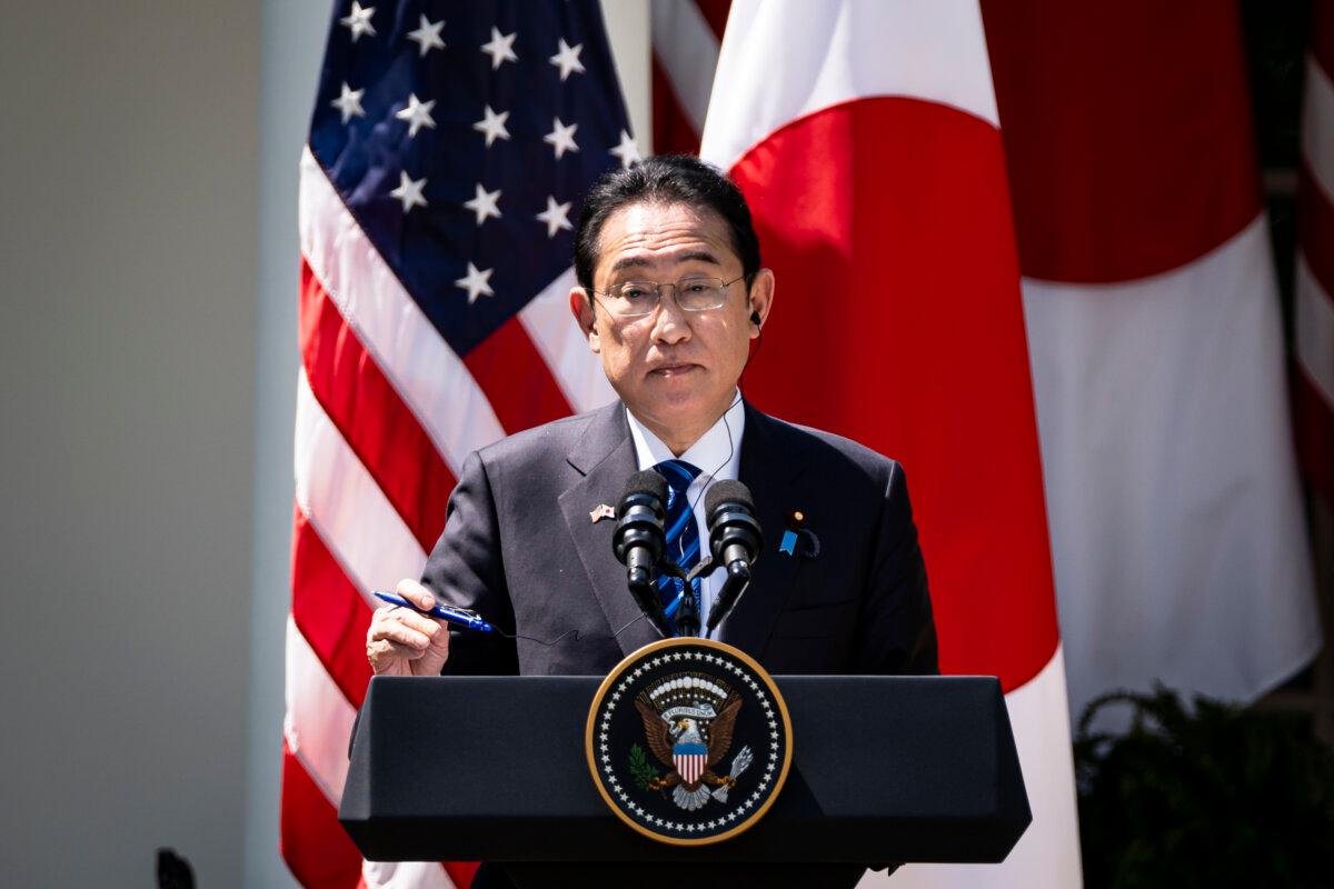 Japan's Prime Minister Fumio Kishida speaks during a joint press conference with President Joe Biden at the Rose Garden of the White House, on April 10, 2024. (Madalina Vasiliu/The Epoch Times)