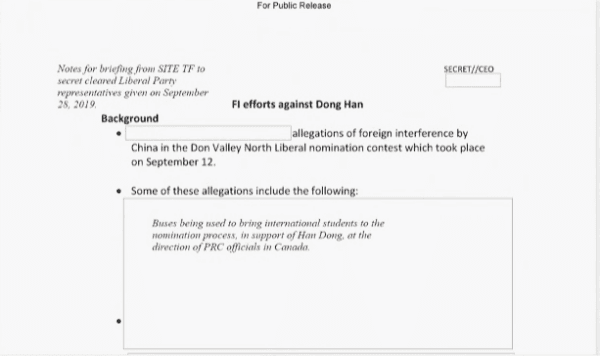 Intelligence document entered as evidence at the Public Inquiry into Foreign Interference. (Screenshot)