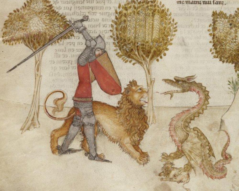 An illuminated manuscript illustrating Yvain rescuing a lion from a serpent, between 1380 and 1385. (Public Domain)