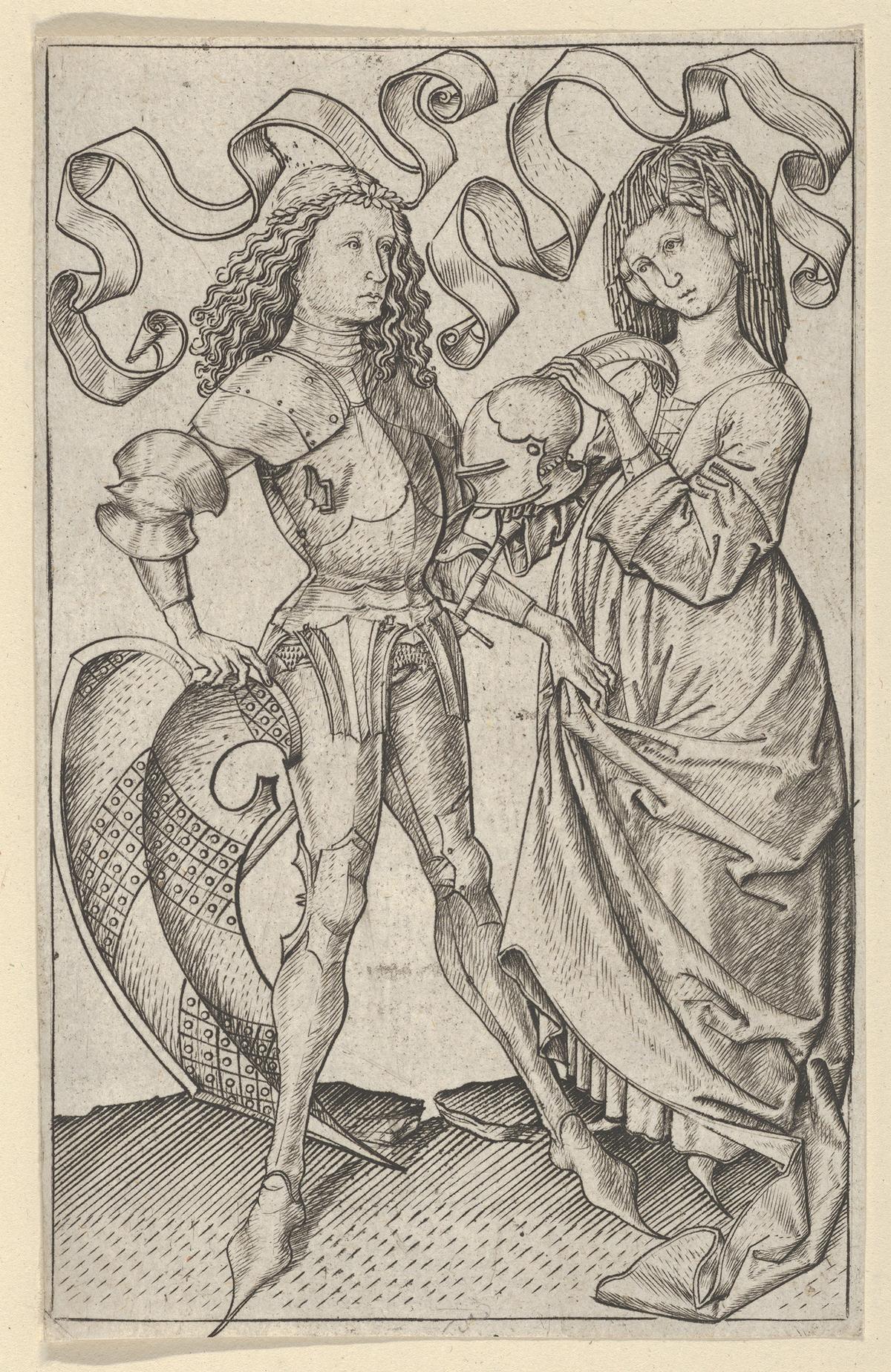 "The Knight and the Lady," mid-15th century, by Master ES. Engraving. The Metropolitan Museum of Art, New York City. (Public Domain)