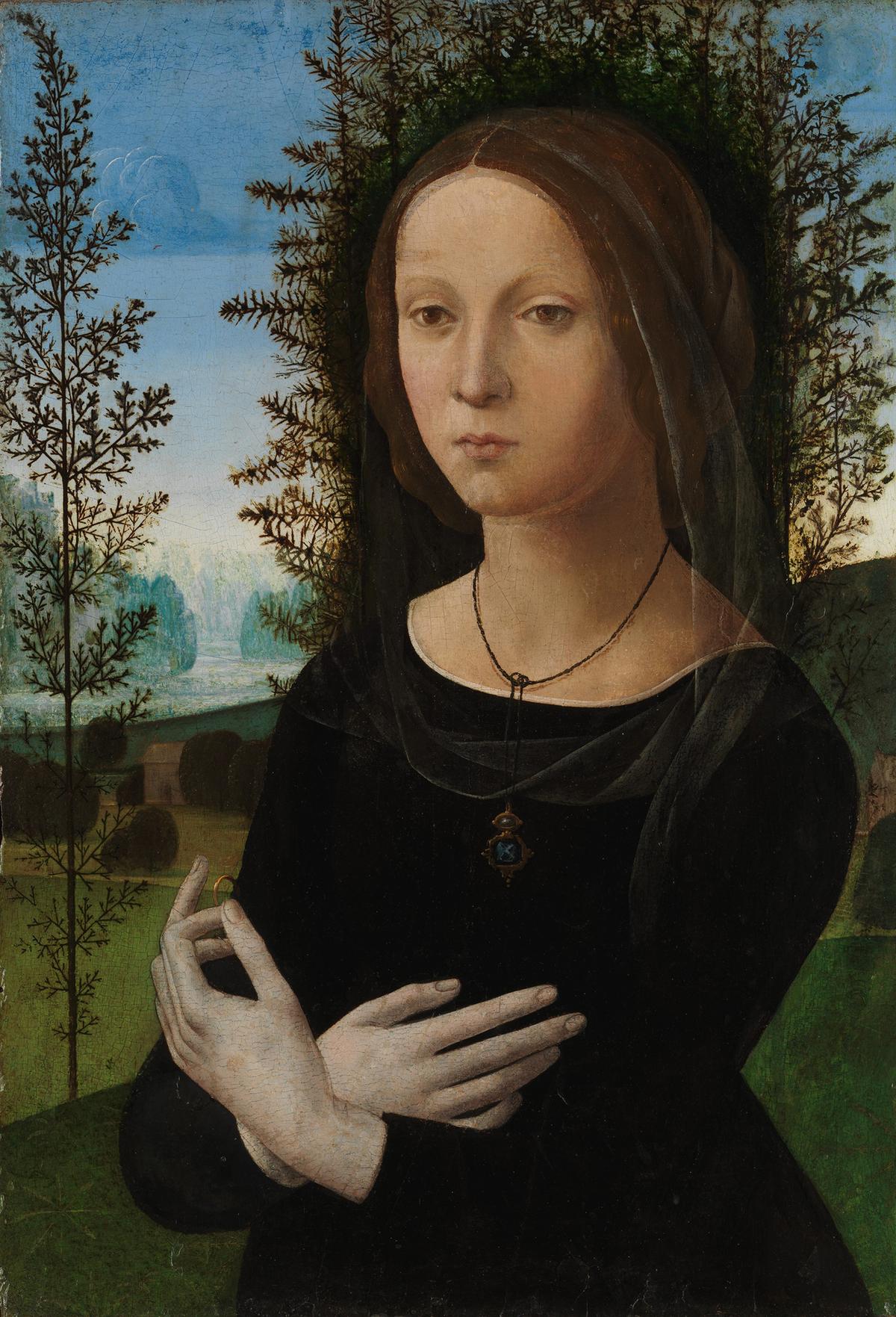 Portrait of a woman holding a gold ring, circa 1490–1500, by Lorenzo di Credi. Oil on wood. The Metropolitan Museum of Art, New York City. (Public Domain)