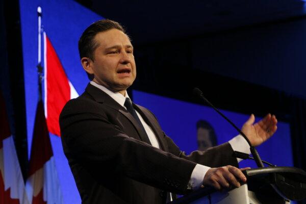 Conservative Leader Pierre Poilievre speaks during the annual Canada Strong and Free Network Conference on April 11, 2024. (Noé Chartier/The Epoch Times)