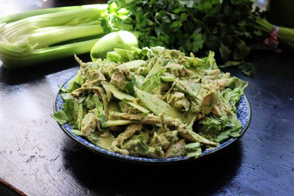 Shredded roast chicken, apples and celery join forces in this green spring salad tossed in a tahini-herb dressing. (Gretchen McKay/Pittsburgh Post-Gazette/TNS)