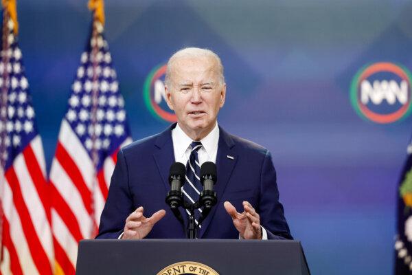 President Joe Biden gives remarks virtually to the National Action Network Convention from the South Court Auditorium in the Eisenhower Executive Office Building on the White House campus on April 12, 2024. (Anna Moneymaker/Getty Images)