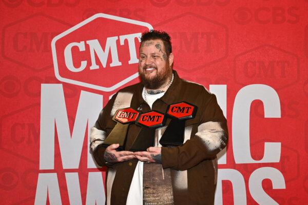 Jelly Roll, winner of CMT Performance of the Year, Male Video of the Year, and Video of the Year awards, poses in the press room during the 2024 CMT Music Awards at Moody Center in Austin, Texas, on April 7, 2024. (Chris Saucedo/Getty Images)