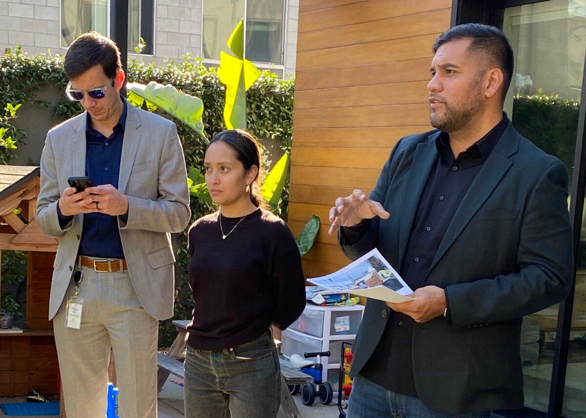 (L-R) Los Angeles Council District 13 Homelessness Director Patrick Mooney, Field Deputy Anais Gonzalez, and Los Angeles City Councilman Hugo Soto-Martinez. (Courtesy of Keith Johnson)