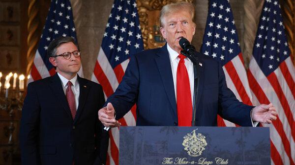 Republican presidential candidate former President Donald Trump and Speaker of the House Mike Johnson (R-La.) hold a press conference at President Trump's Mar-a-Lago estate in Palm Beach, Fla., on April 12, 2024. (Joe Raedle/Getty Images)