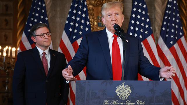 Republican presidential candidate former President Donald Trump and Speaker of the House Mike Johnson (R-La.) hold a news conference at President Trump's Mar-a-Lago estate in Palm Beach, Fla., on April 12, 2024. (Joe Raedle/Getty Images)