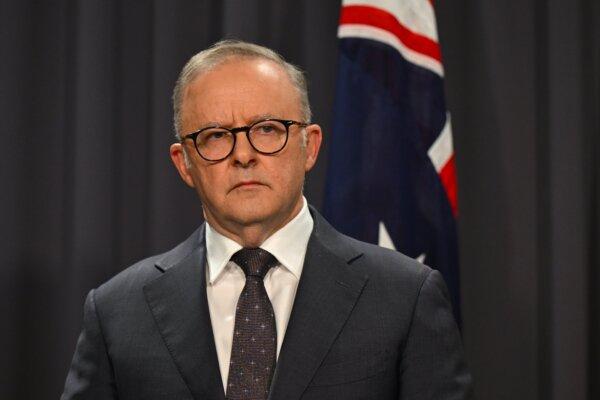 Australian Prime Minister Anthony Albanese speaks to the media on the Bondi Junction stabbings, during a press conference in Canberra, Australia, on April 13, 2024.  (AAP Image/Lukas Coch)