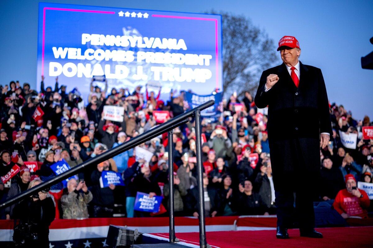 Former President Donald Trump arrives for a rally outside Schnecksville Fire Hall in Schnecksville, Pa., on April 13, 2024. (Andrew Harnik/Getty Images)