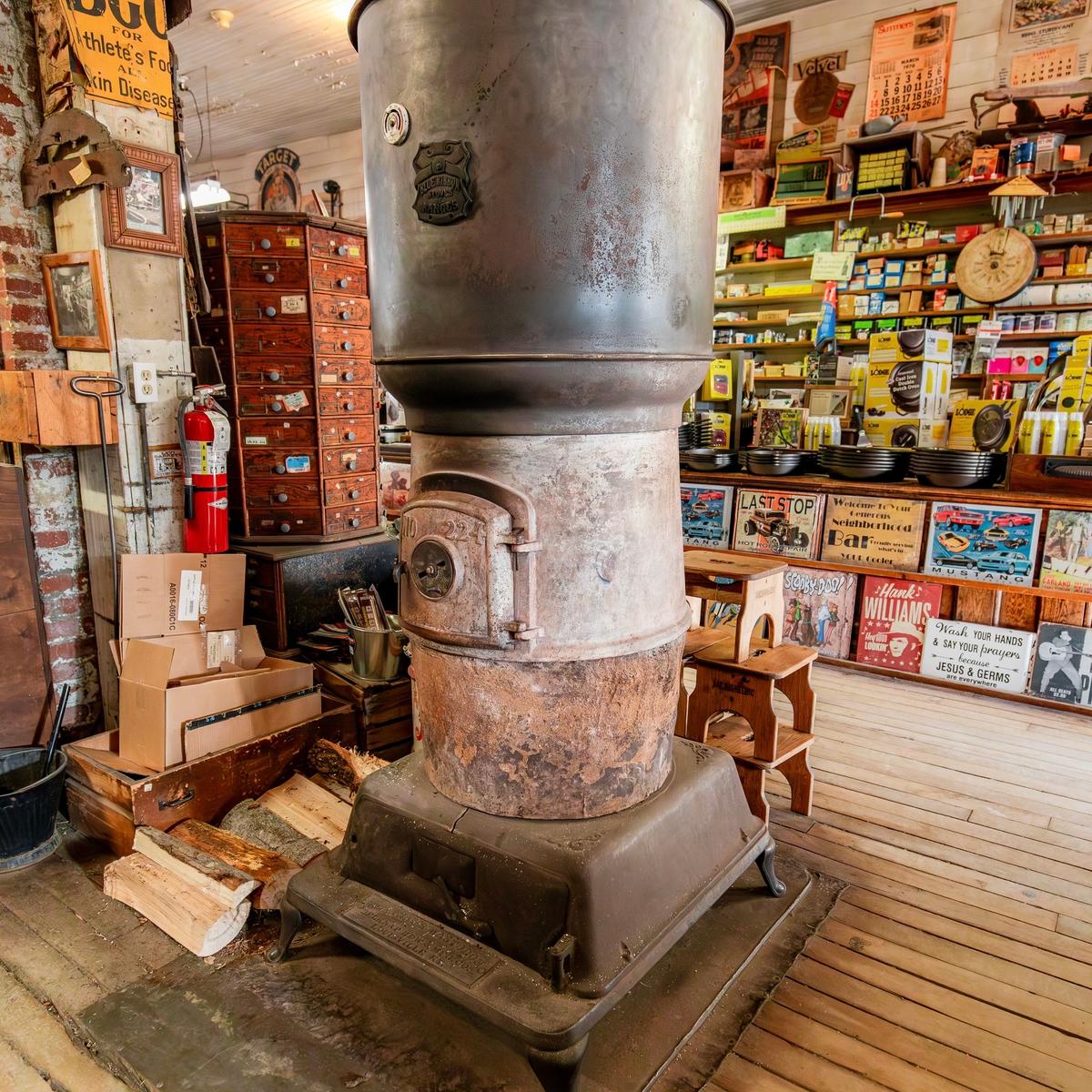 The centrally located wood stove in Mast General Store keeps the 19th-century building toasty during the winter. (Courtesy of Mast General Store)