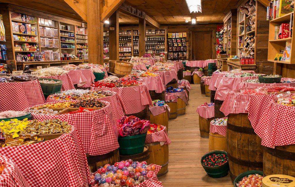 Barrels of candy sold by weight line the floor in Mast General Store. (Courtesy of Mast General Store)