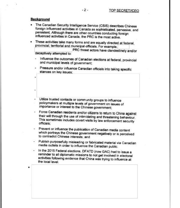A partly redacted national memo sent by the prime minister's national security advisor to Prime Minister Justin Trudeau on June 29, 2017.