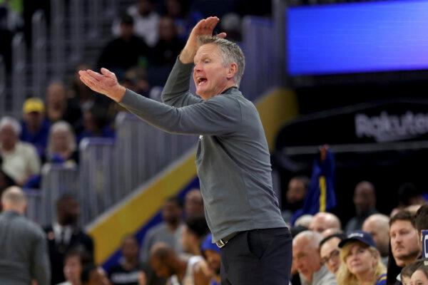 Golden State Coach Steve Kerr gestures to the Warriors during a game against the Utah Jazz in San Francisco on April 14, 2024. (Jed Jacobsohn/AP Photo)