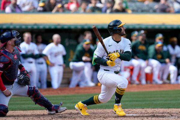 Abraham Toro of the A's watches his two-run, sixth-inning single against the Washington Nationals in Oakland, Calif., on April 14, 2024. (Godofredo A. Vásquez/AP Photo)