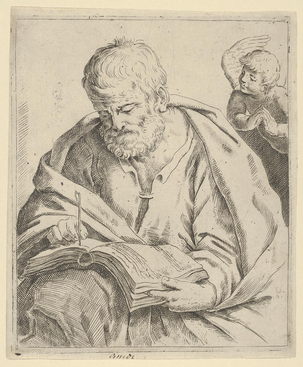 An engraving of a man writing in a book with an angel looking over his shoulder, 17h century, by an artist after Guido Reni. The Metropolitan Museum of Art, New York City. (Public Domain)