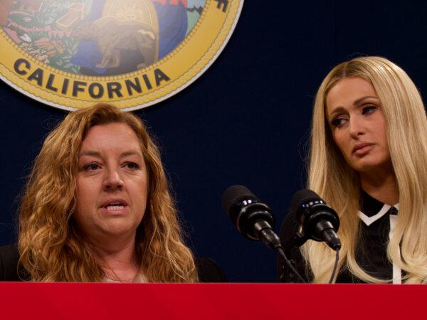 Sen. Angelique Ashby speaks at a press conference with Paris Hilton in support of Senate Bill 1043 at the Capitol on April 15, 2024. (Travis Gillmore/The Epoch Times)