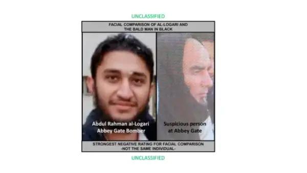 This combination photo shows an image taken from a sniper team member's camera of the "bald man, in black" right, and a photo of the actual bomber, Islamic State militant Abdul Rahman al-Logari.  (U.S. Central Command via AP)