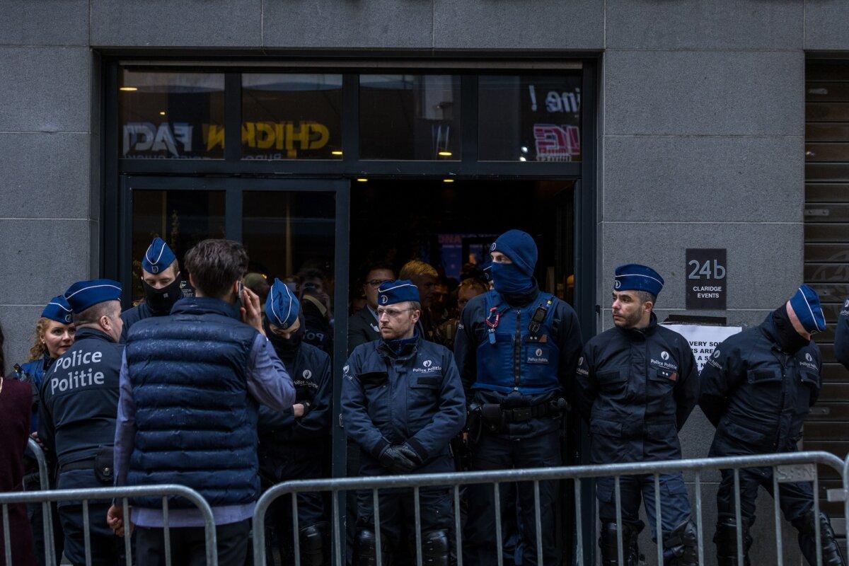 Belgian police seal off the entrance to the venue, not allowing anyone to enter on the first day of the National Conservatism Conference at the Claridge in Brussels on April 16, 2024. (Omar Havana/Getty Images)