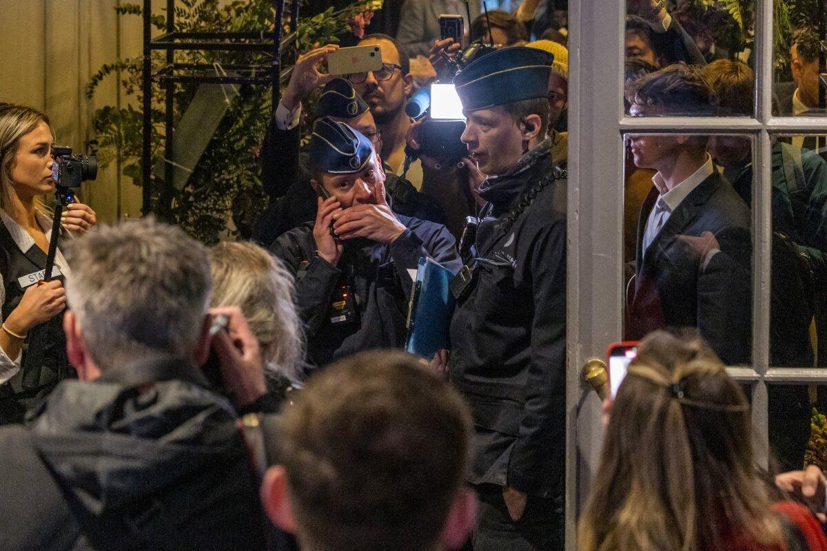 Belgian police enter the venue in a bid to cancel the event on the first day of the National Conservatism Conference at the Claridge in Brussels on April 16, 2024. (Omar Havana/Getty Images)