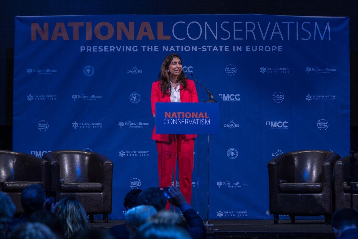 Conservative MP Suella Braverman, former UK Secretary of State for the Home Department, gives a speech on the first day of the National Conservatism Conference at the Claridge in Brussels on April 16, 2024. (Omar Havana/Getty Images)