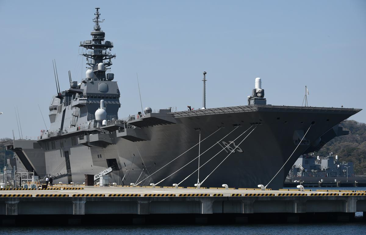 The Japanese Maritime Self-Defense Force's latest helicopter carrier, Izumo, anchored at its base in Yokosuka on March 31, 2015. (Toshifumi Kitamura/AFP via Getty Images)