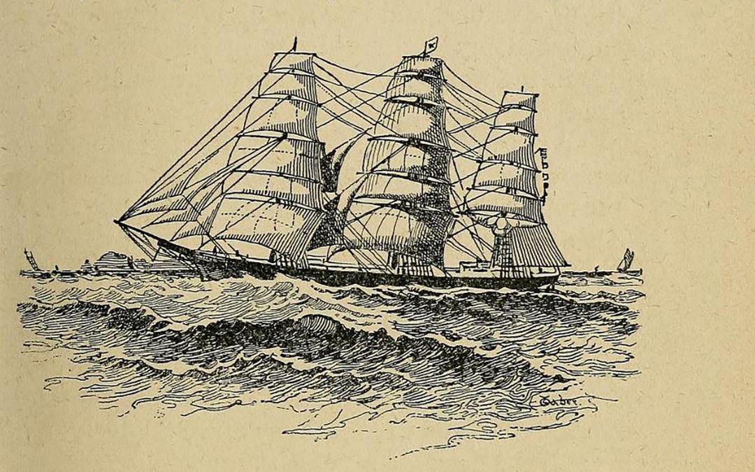 "The Northern Light, Captain Joshua Slocum, bound for Liverpool, 1885," by W. Taber. Illustration taken from Joshua Slocum's book, "Sailing Alone Around the World." (Public Domain)