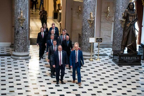 The House of Representatives impeachment team delivers the Articles of Impeachment of Secretary of the Department of Homeland Security (DHS) Alejandro Mayorkas to the Senate in Washington on April 16, 2024. (Madalina Vasiliu/The Epoch Times)