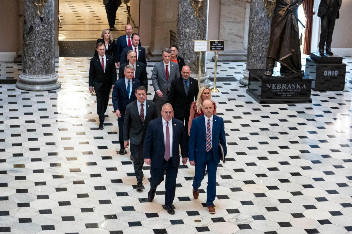 The House of Representatives impeachment team delivers the Articles of Impeachment of Department of Homeland Security Secretary Alejandro Mayorkas to the Senate in Washington on April 16, 2024. (Madalina Vasiliu/The Epoch Times)