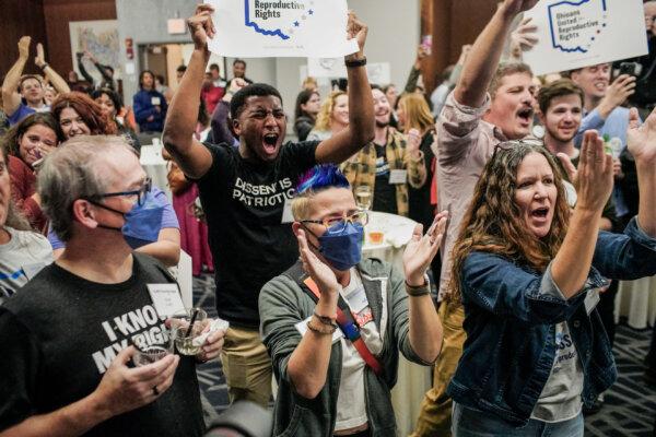Supporters of Ohio Issue 1 cheer as results come in at a watch party in Columbus, Ohio, on Nov. 7, 2023. (Andrew Spear/Getty Images)