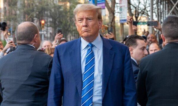 Former president Donald Trump visits a bodega store in upper Manhattan where a worker was assaulted by a man in 2022 and ended up killing him in an ensuing fight in New York on April 16, 2024. (Spencer Platt/Getty Images)