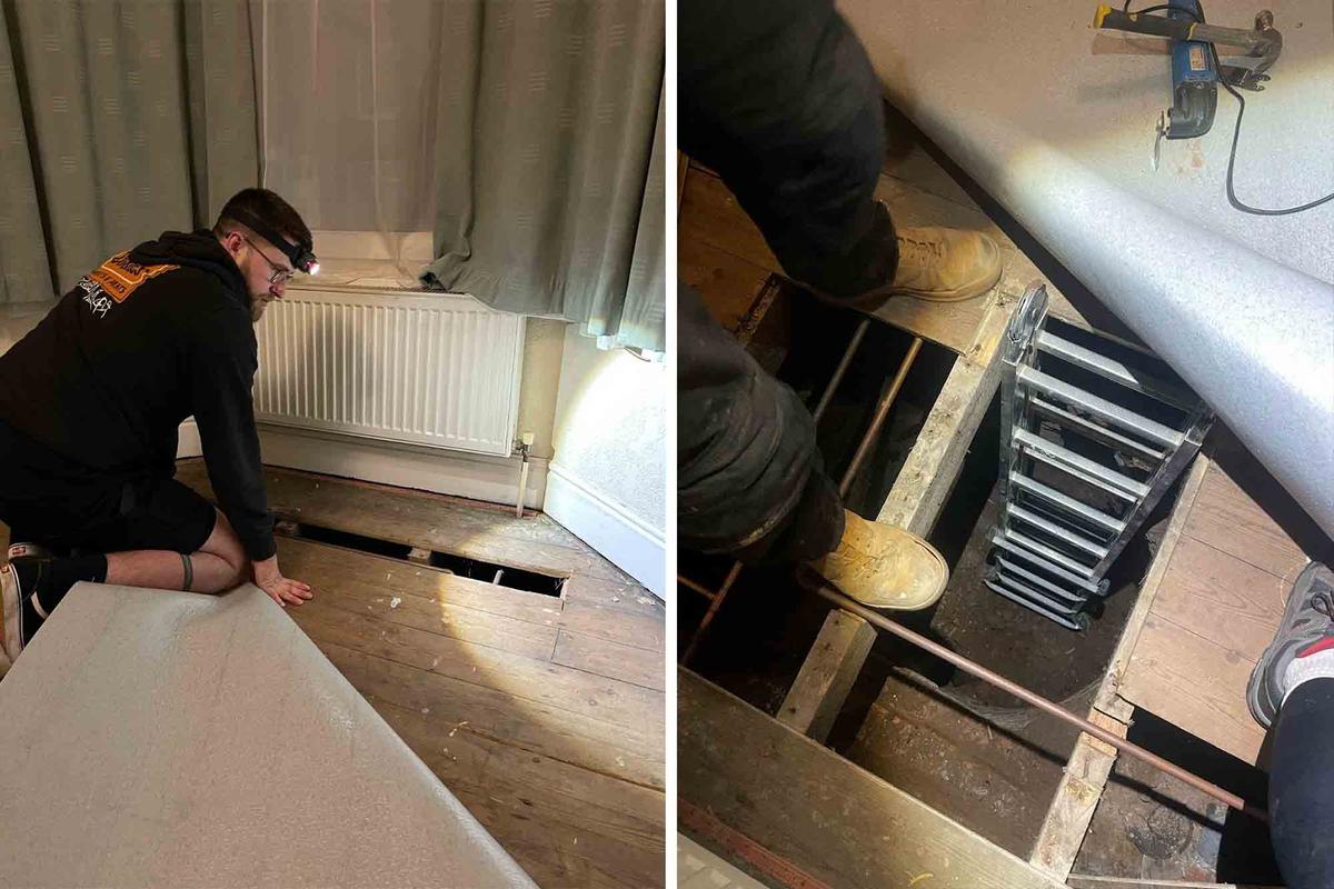 A UK couple lifts the floorboards of their new home to find a ring of bricks and a secret well. (SWNS)