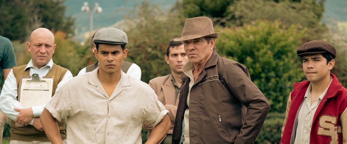 (L–R) (foreground) Joe Trevino (Julian Works), Frank Mitchell (Dennis Quaid), and Felipe Romero (Miguel Angel Garcia) in "The Long Game." (Bonniedale/Mucho Mas Releasing)