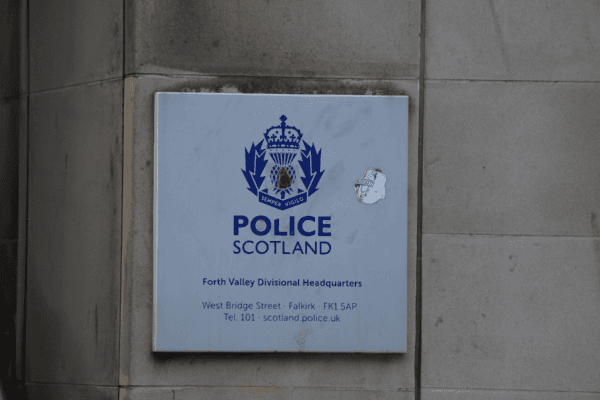 A sign for Falkirk Police station in Scotland, on April 18, 2024. (Andrew Milligan/PA Wire)